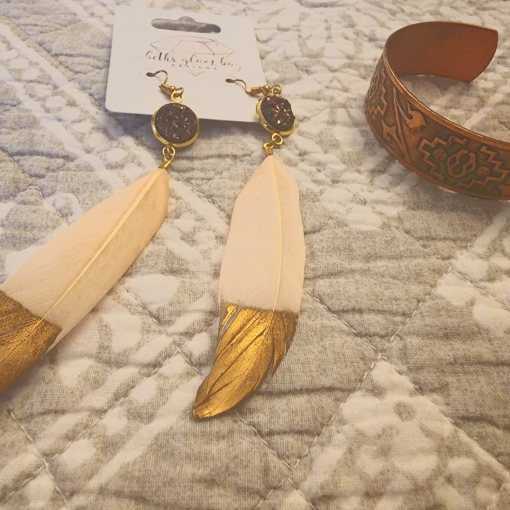 Pink & Bronze Feather Earrings & Genuine Copper Bracelet